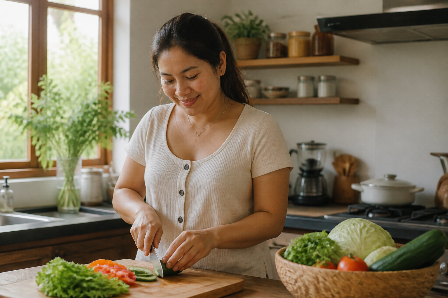 Filipino woman in her 30s in a warm home kitchen