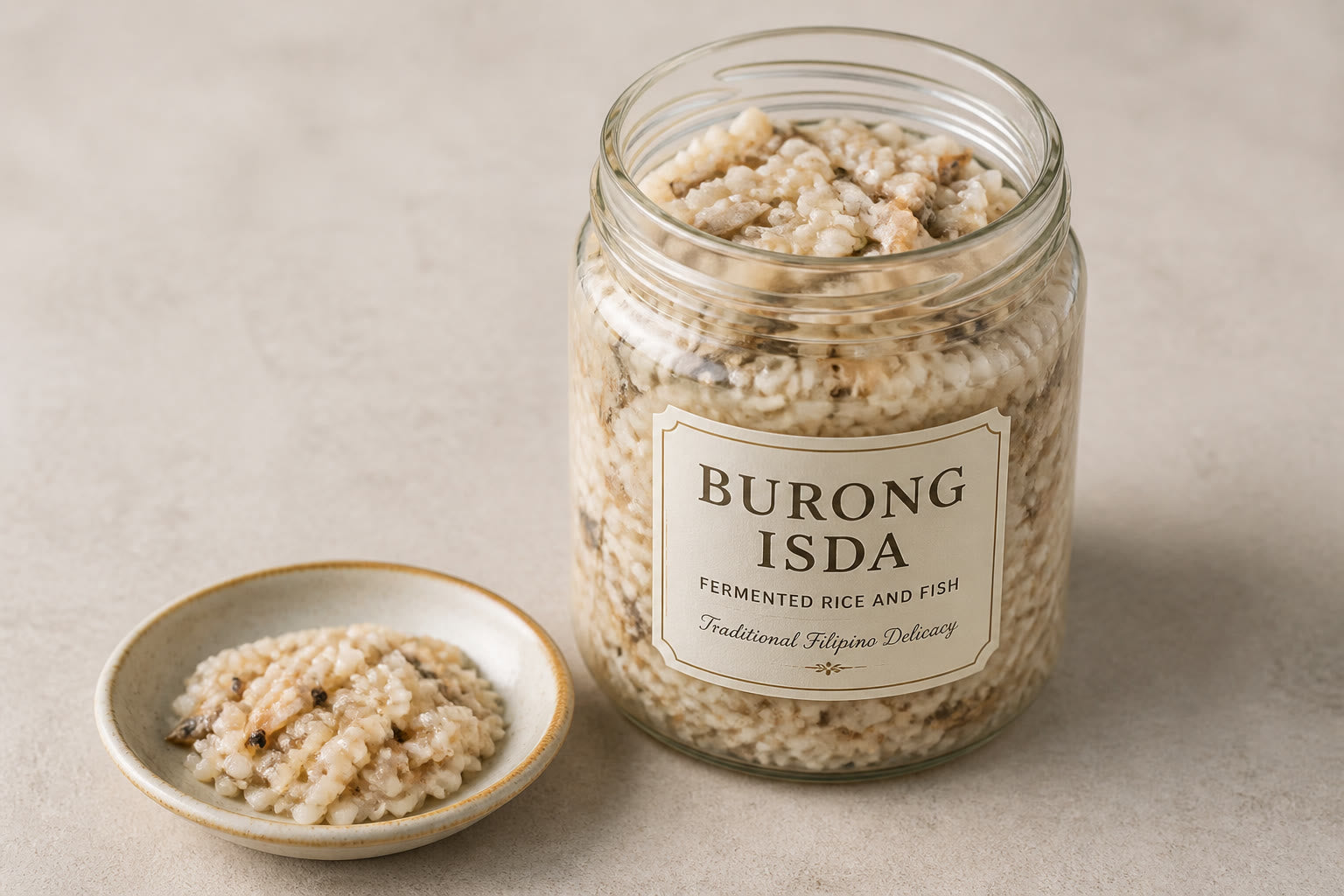 Jar of burong isda fermented rice and fish with a small serving dish beside it