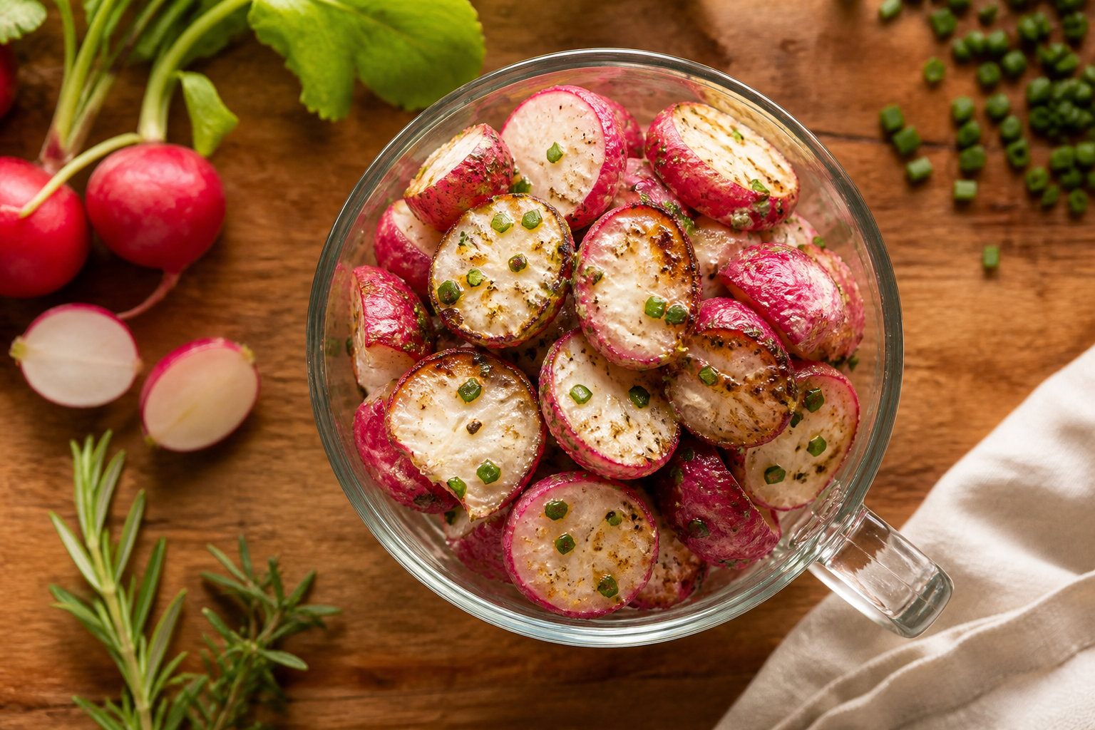 Overhead shot of Buttermilk Ranch Roasted Radishes plated appetizingly in a tall glass or mug