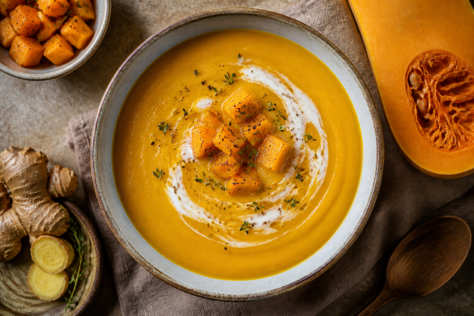 Overhead shot of Butternut Squash and Ginger Soup plated appetizingly in a ceramic bowl