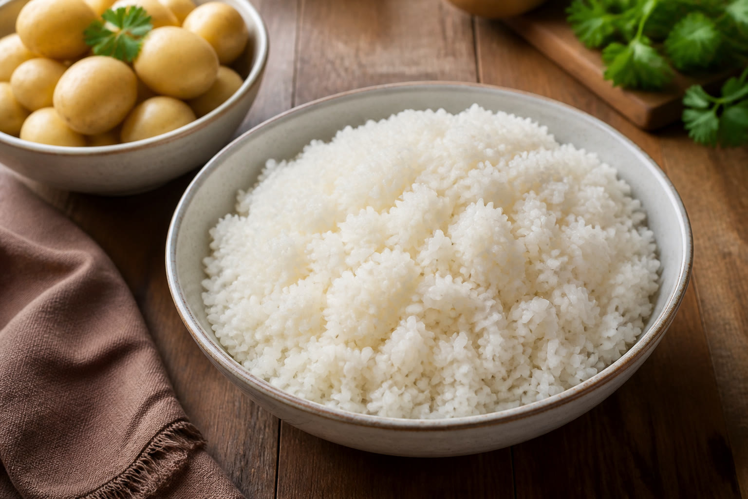 A bowl of cooled cooked rice on a wooden table.