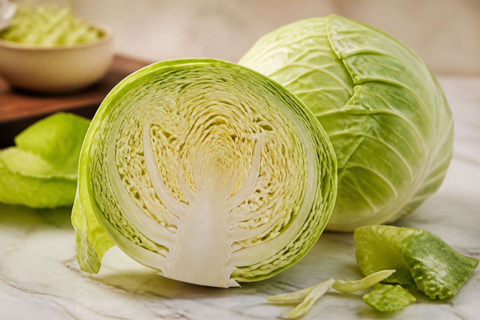 Close-up editorial still life of Cabbage on a clean wooden or marble surface