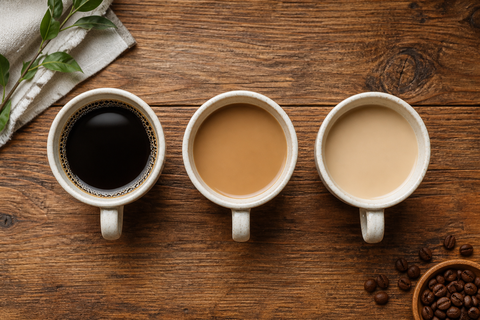Flat lay of a gradual caffeine reduction — full coffee mug