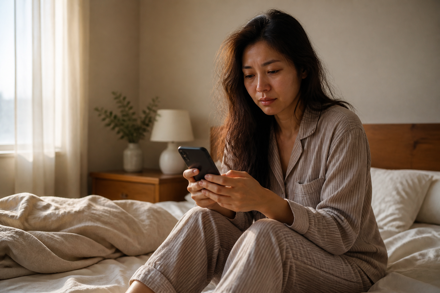 Filipino woman in her 30s sitting on her bed in pajamas