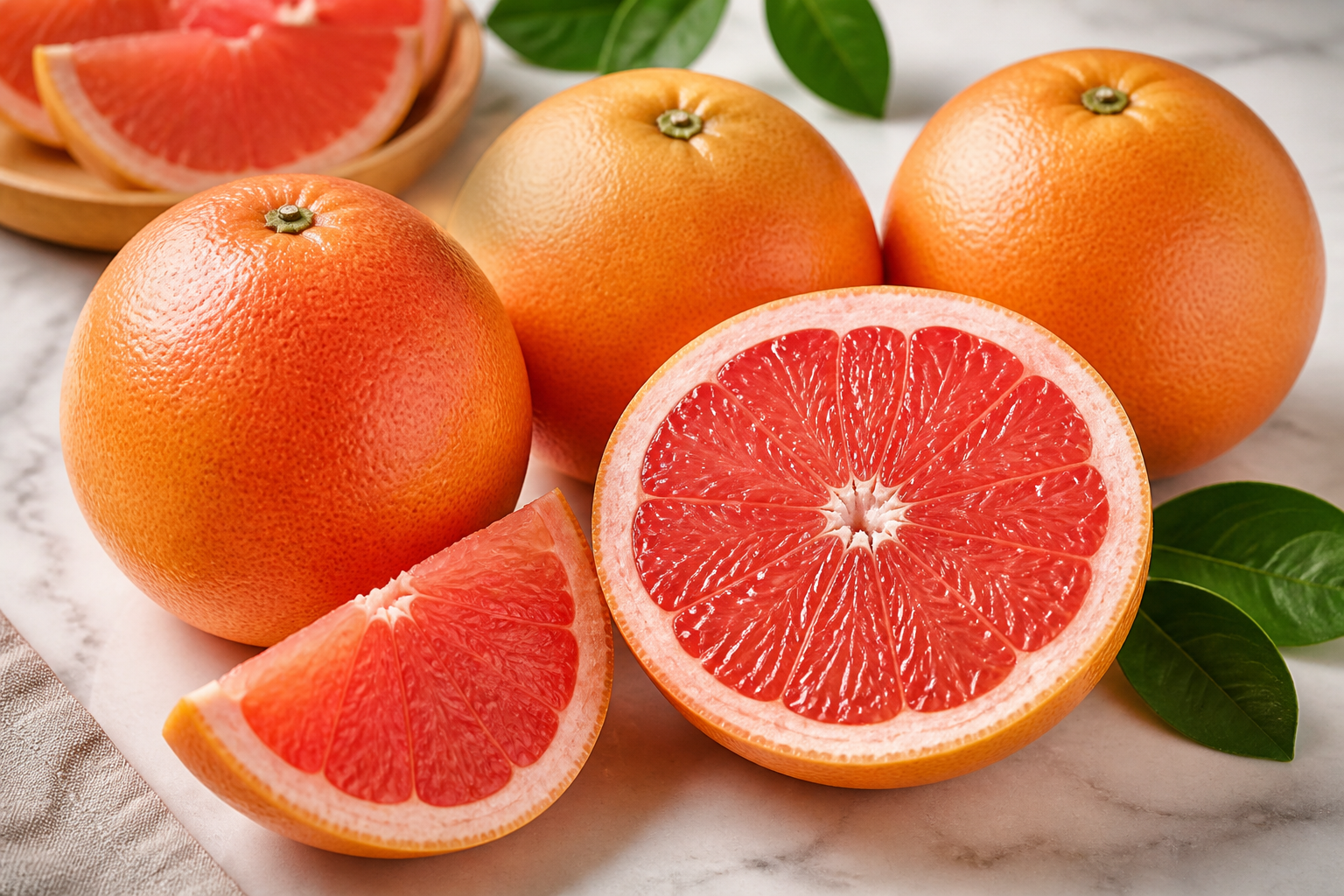 Close-up of Can You Still Eat Grapefruit While on Medication? as fresh whole and cut fruit on a clean wooden or marble surface