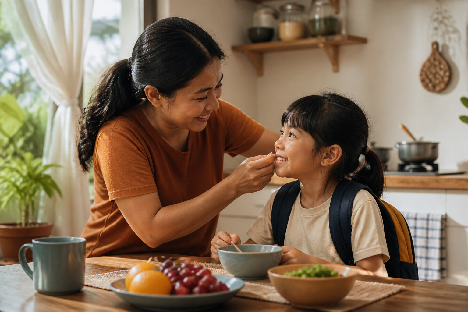 Filipino parent with a child age 6-8 in a warm home kitchen