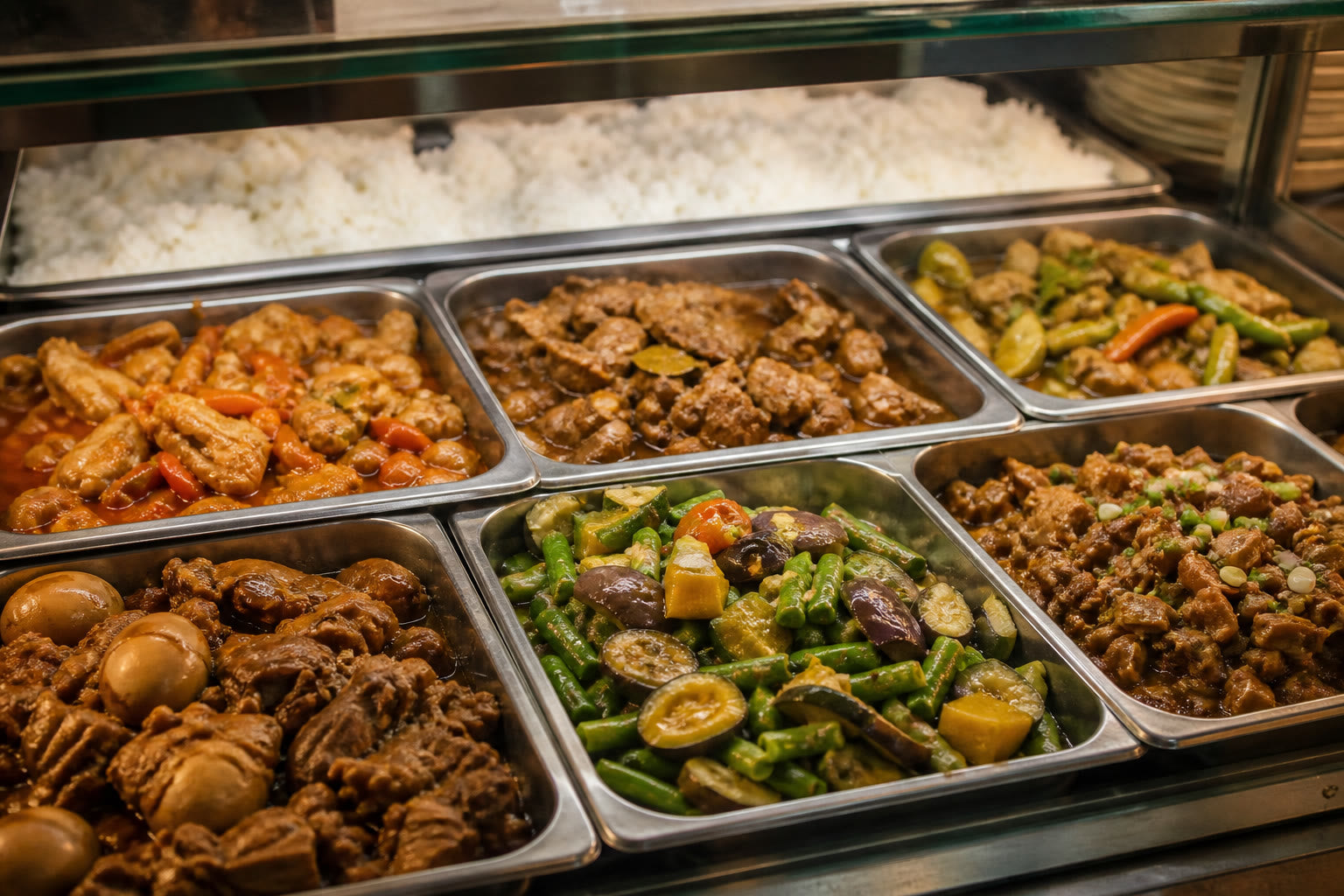 Carenderia glass counter display with trays of Filipino dishes and rice