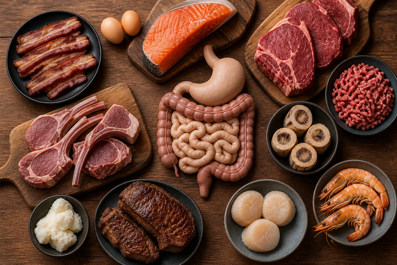 Overhead flat lay of foods representing Carnivore Diet and Your Gut arranged beautifully on a wooden surface