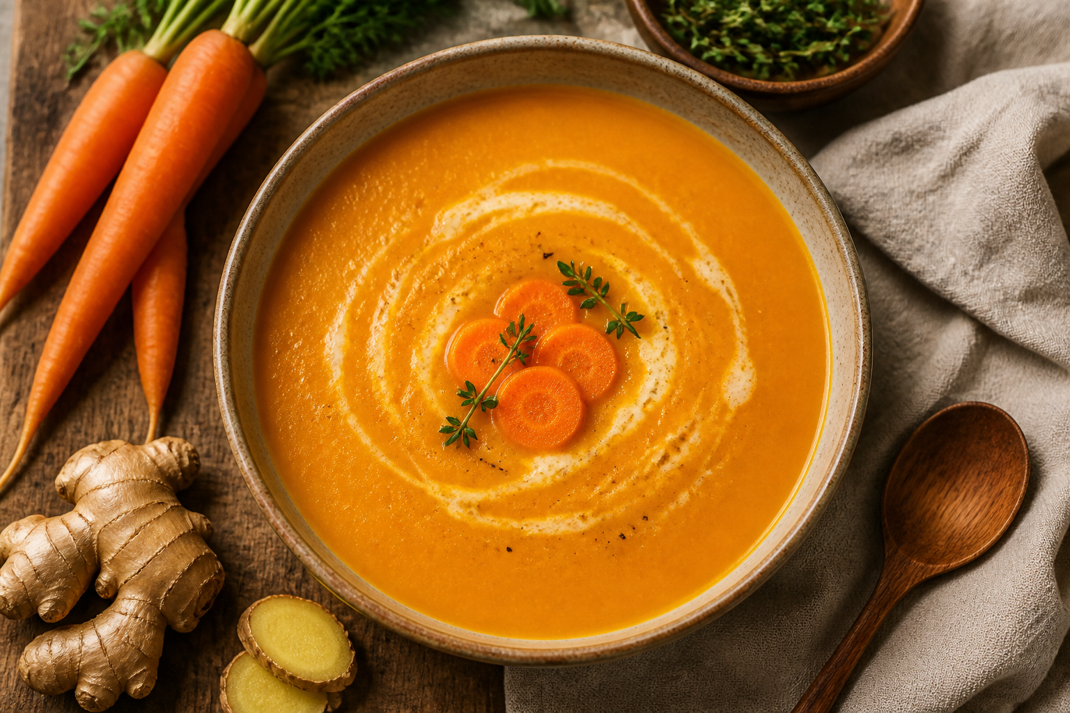 Overhead shot of Carrot and Ginger Soup plated appetizingly in a ceramic bowl