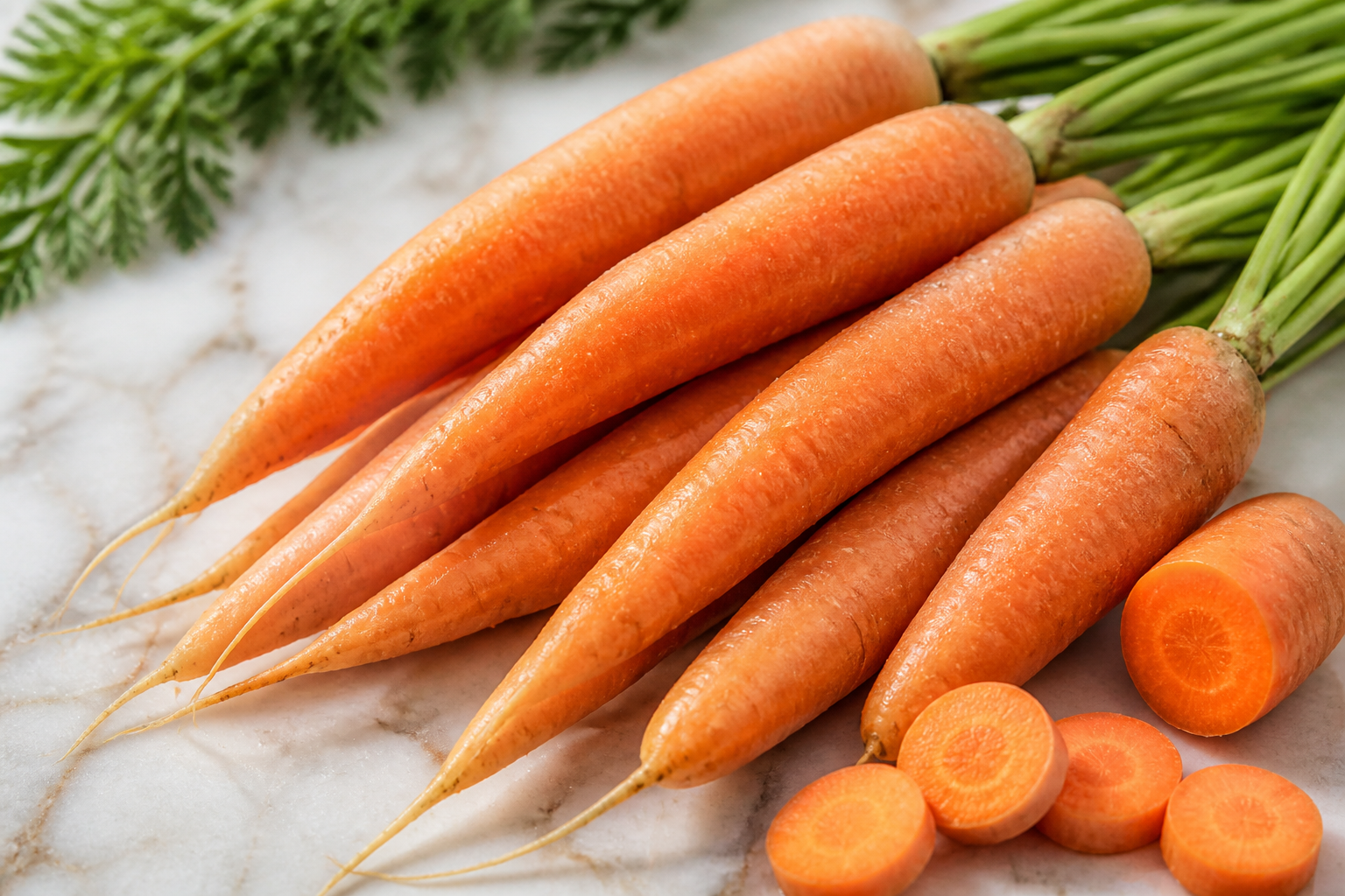 Close-up editorial still life of Carrots on a clean wooden or marble surface