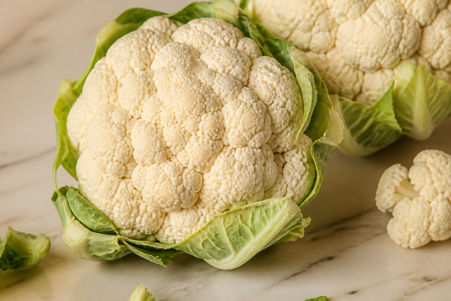 Close-up editorial still life of Cauliflower on a clean wooden or marble surface