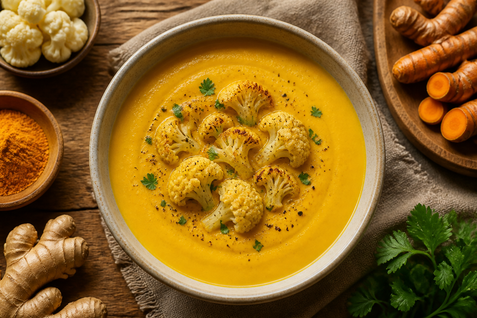 Overhead shot of Cauliflower Turmeric Soup plated appetizingly in a ceramic bowl