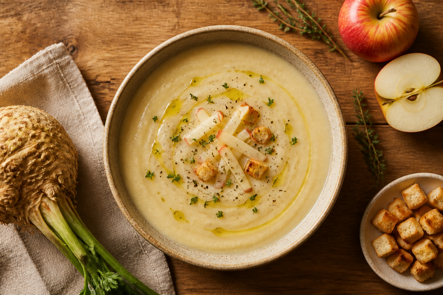 Overhead shot of Celeriac and Apple Soup plated appetizingly in a ceramic bowl