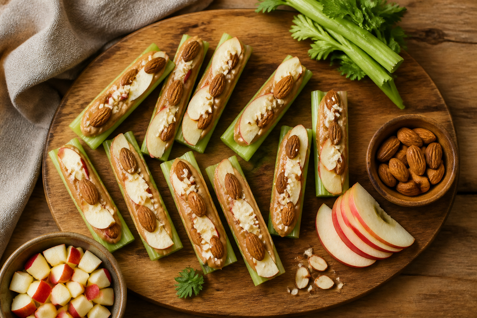 Overhead shot of Celery Apple Almond Snack Plate plated appetizingly in a wooden board