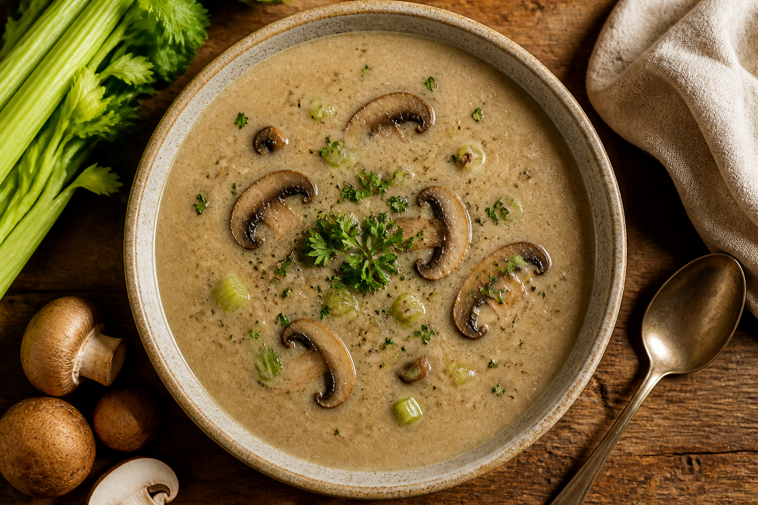 Overhead shot of Celery Mushroom Soup plated appetizingly in a ceramic bowl