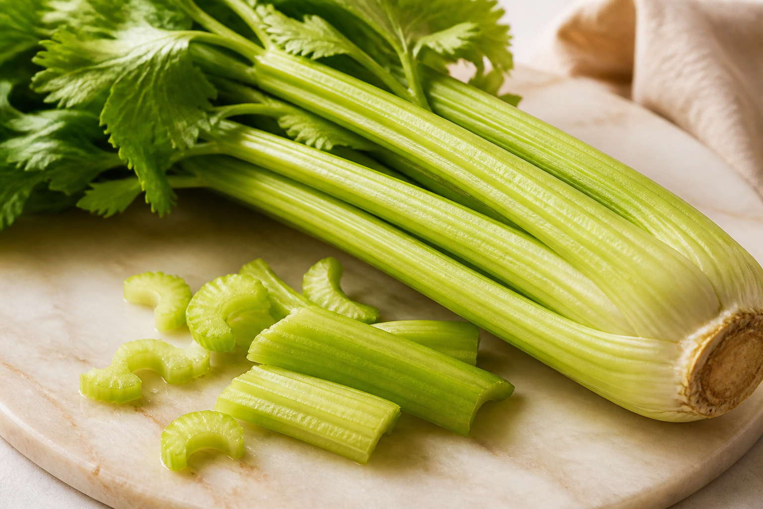 Close-up editorial still life of Celery on a clean wooden or marble surface