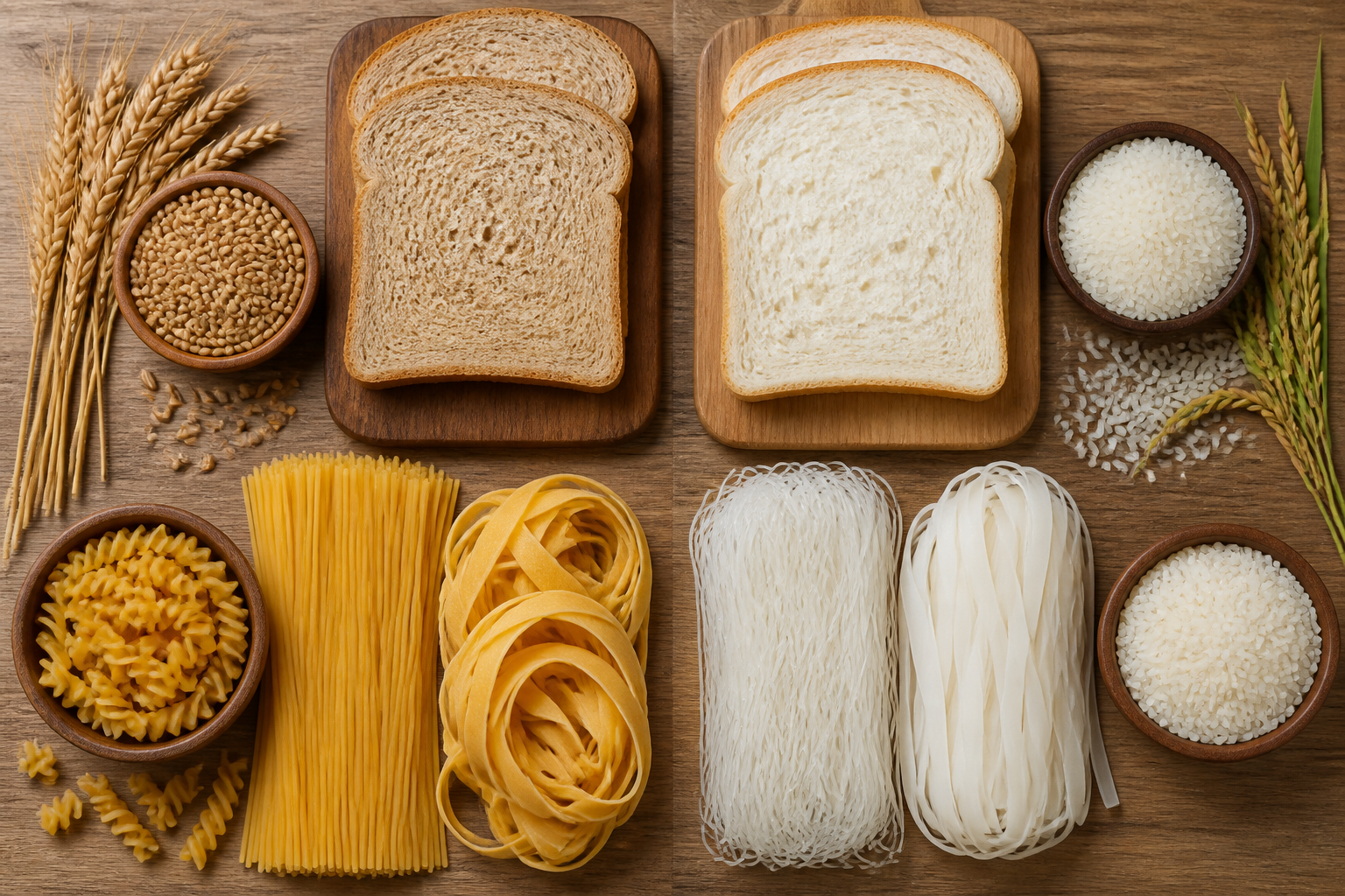 Flat lay of gluten-free and gluten-containing foods side by side — wheat bread vs. rice bread