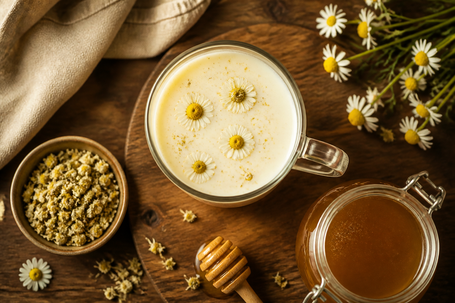 Overhead shot of Chamomile Honey Warm Milk plated appetizingly in a tall glass or mug