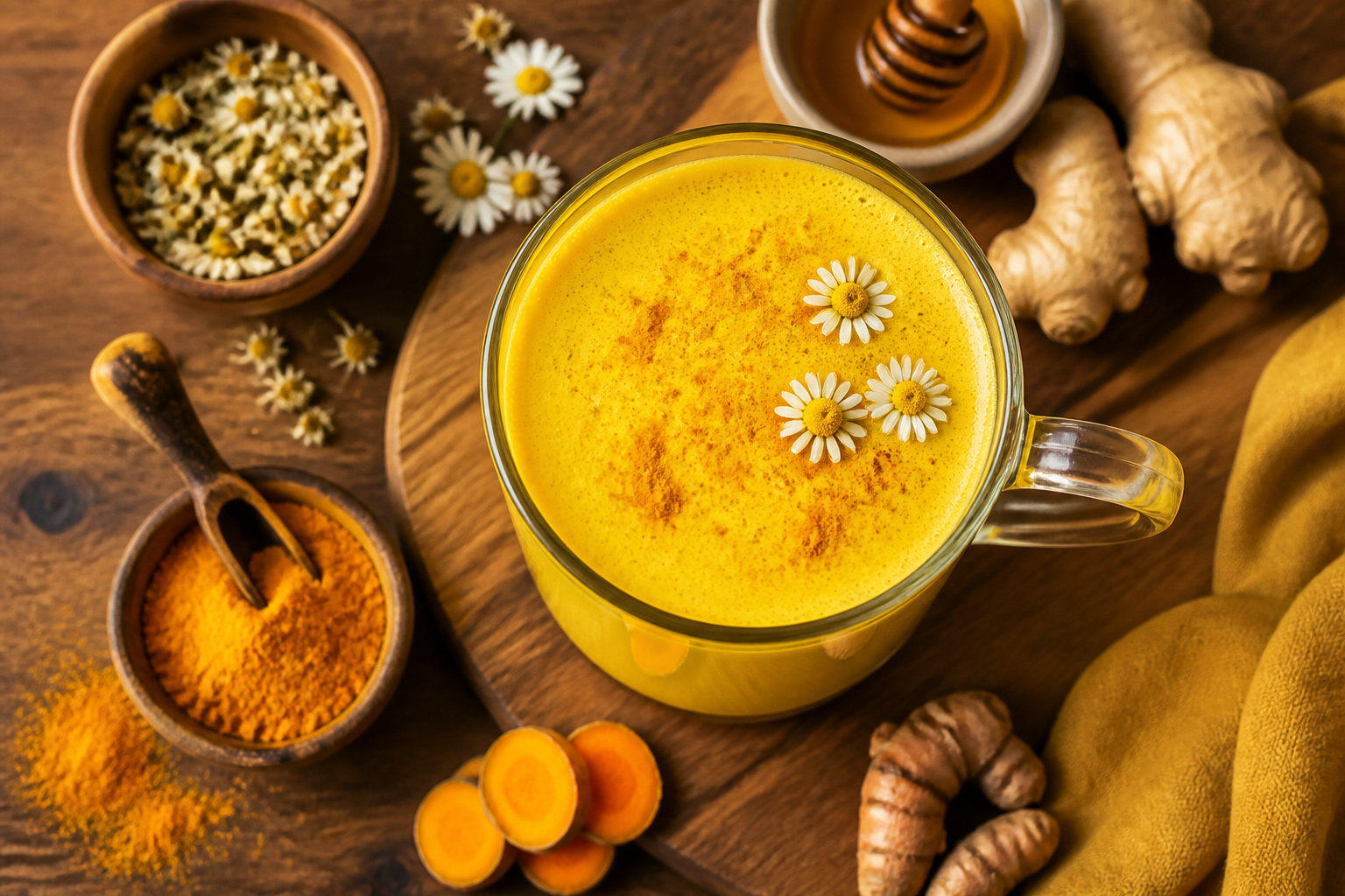 Overhead shot of Chamomile Turmeric Golden Milk plated appetizingly in a tall glass or mug
