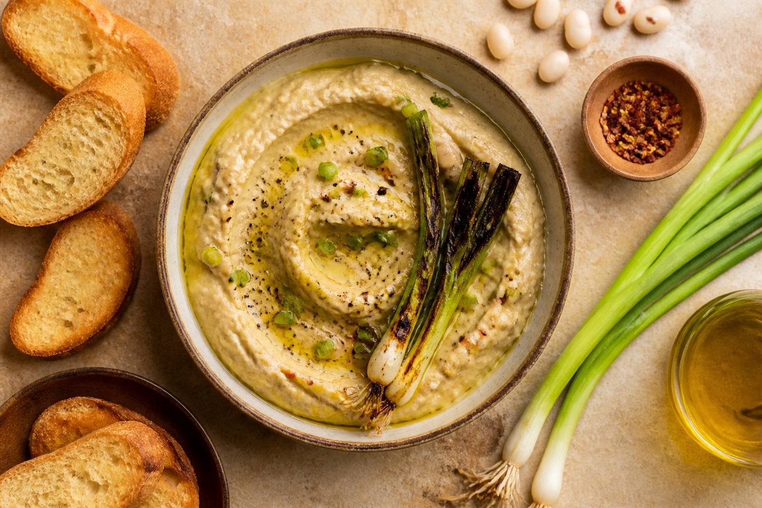Overhead shot of Charred Scallion and White Bean Dip plated appetizingly in a small ceramic bowl