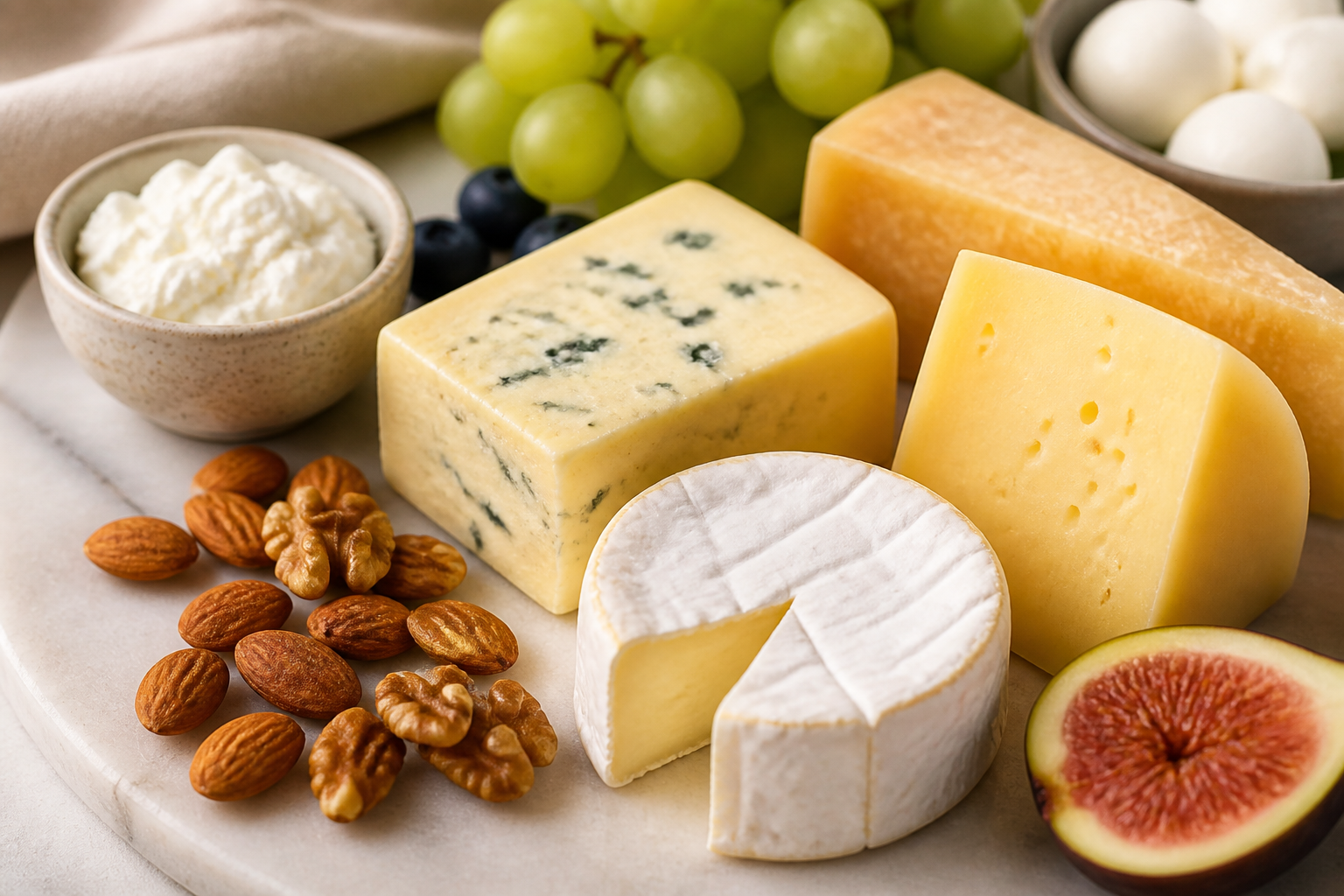 Close-up editorial still life of Cheese and Your Gut on a clean wooden or marble surface