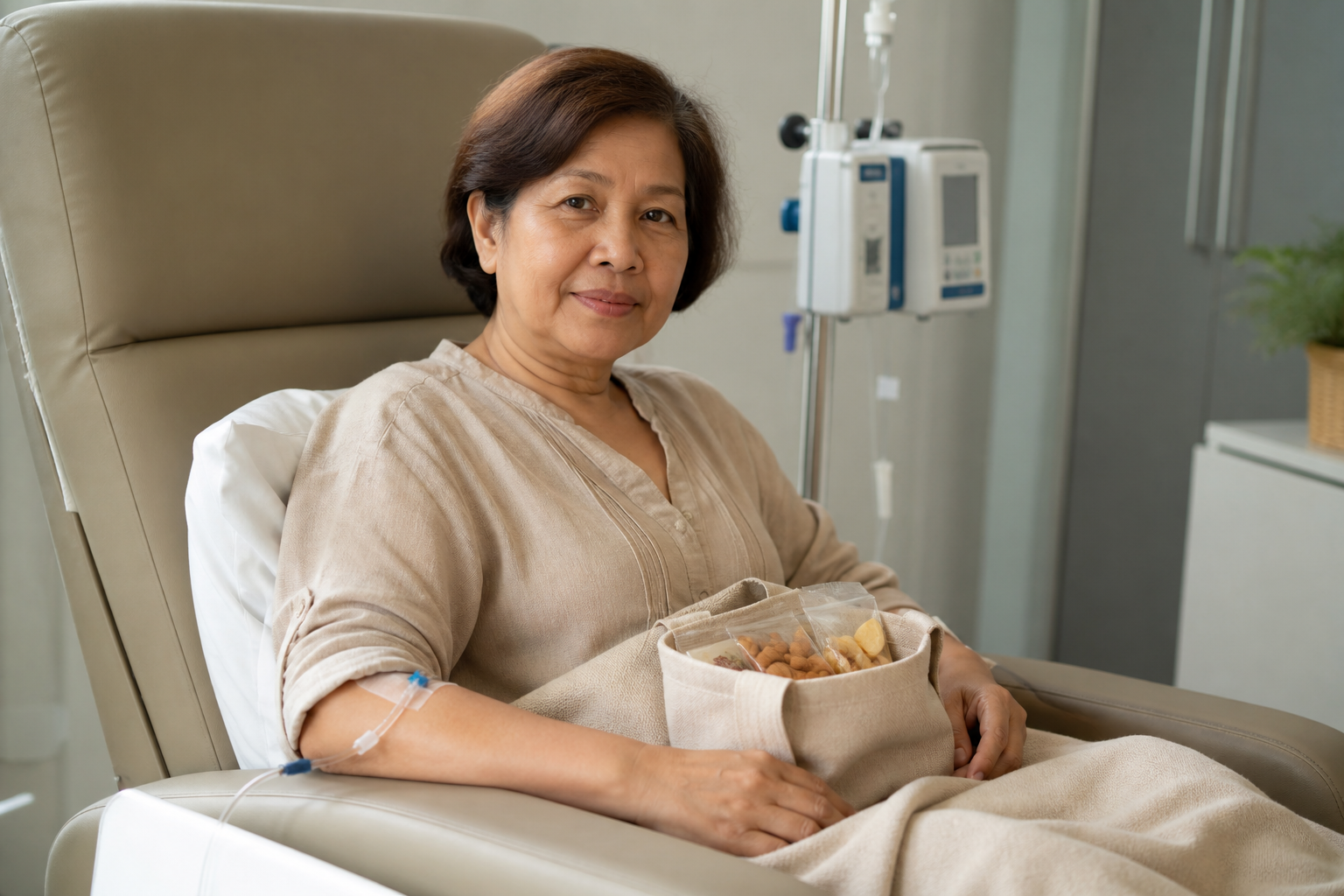 Filipino woman in her 50s in a hospital treatment chair