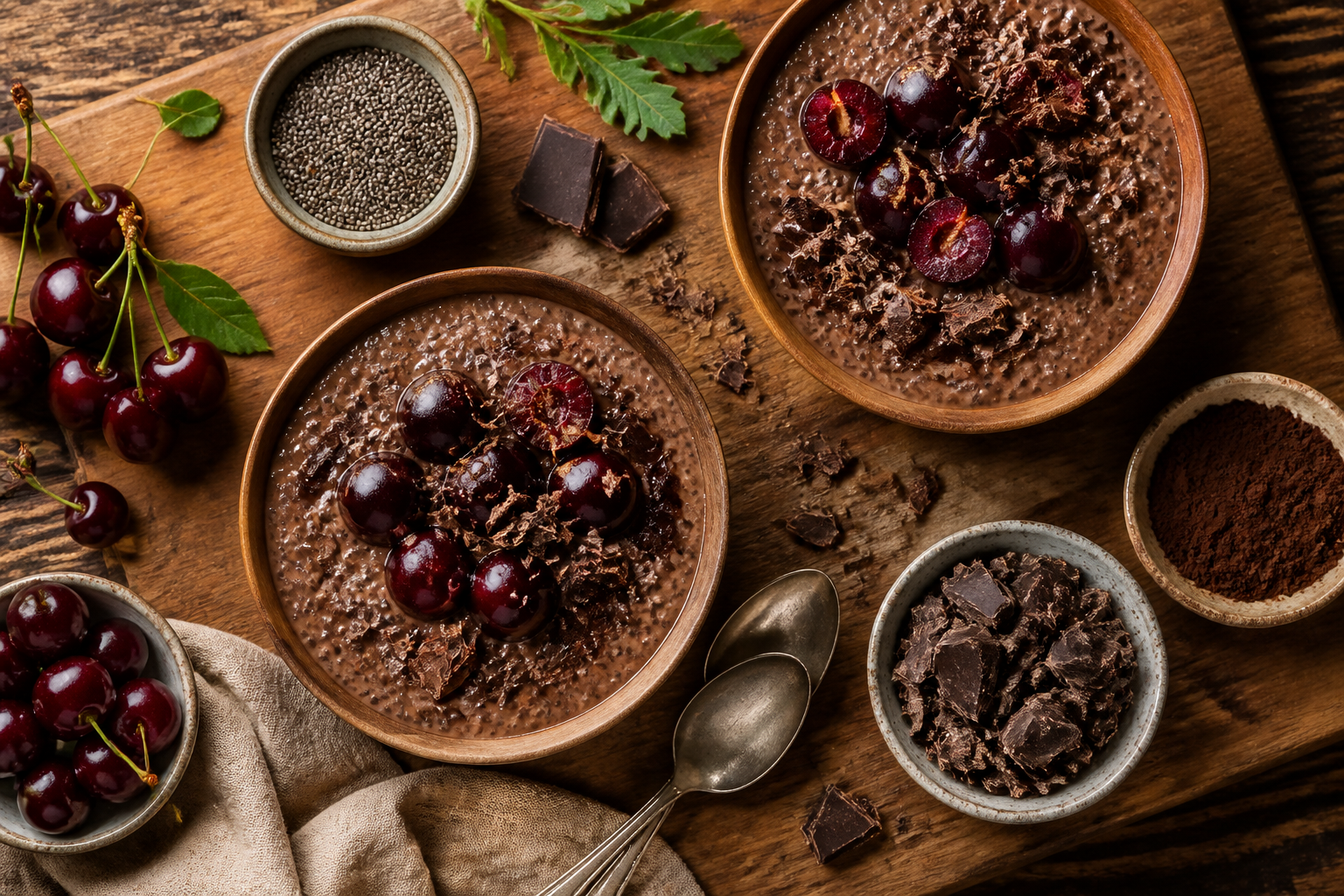 Overhead shot of Cherry and Dark Chocolate Chia Pudding plated appetizingly in a wooden board