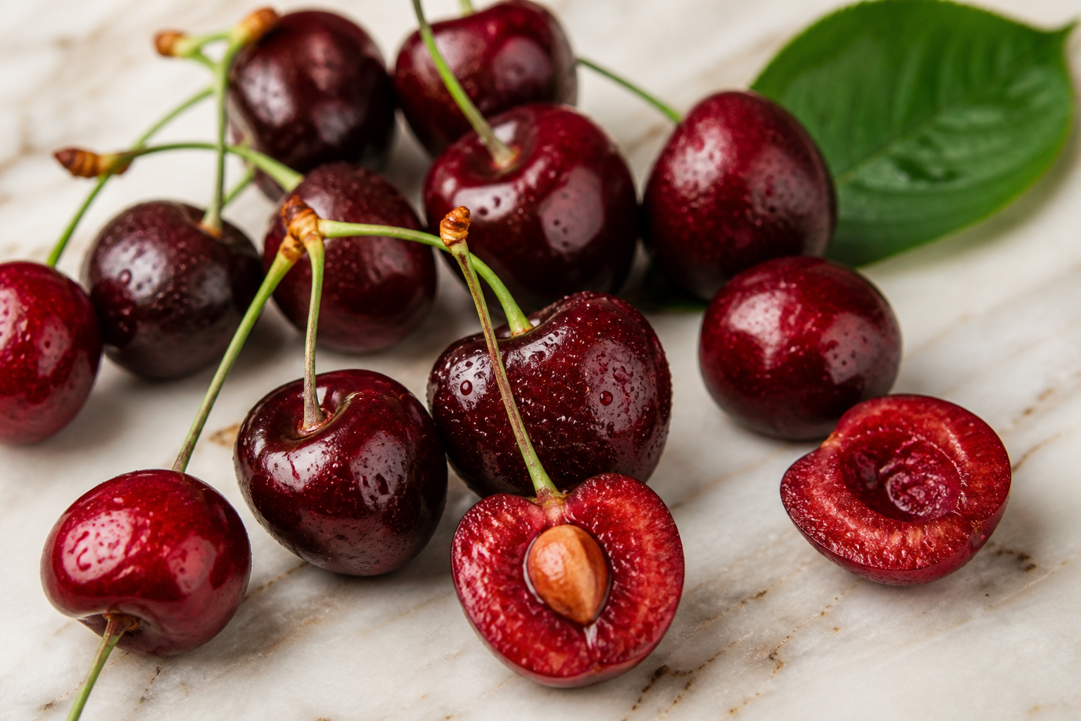 Close-up of Cherry as fresh whole and cut fruit on a clean wooden or marble surface