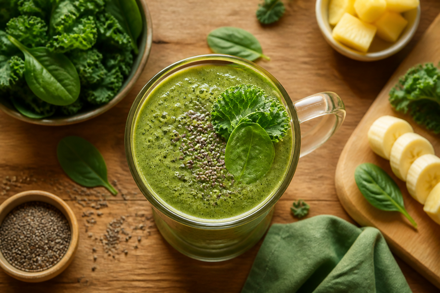 Overhead shot of Chia and Leafy Greens Smoothie plated appetizingly in a tall glass or mug