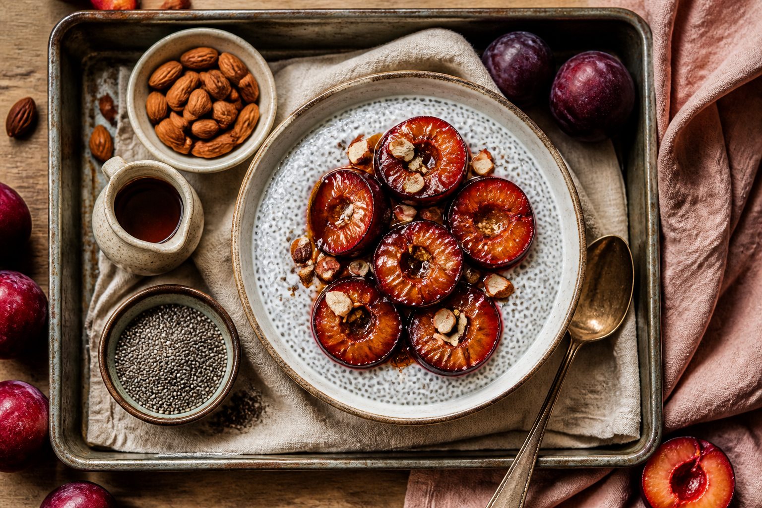 Overhead shot of Chia Pudding with Roasted Plums plated appetizingly in a baking tray