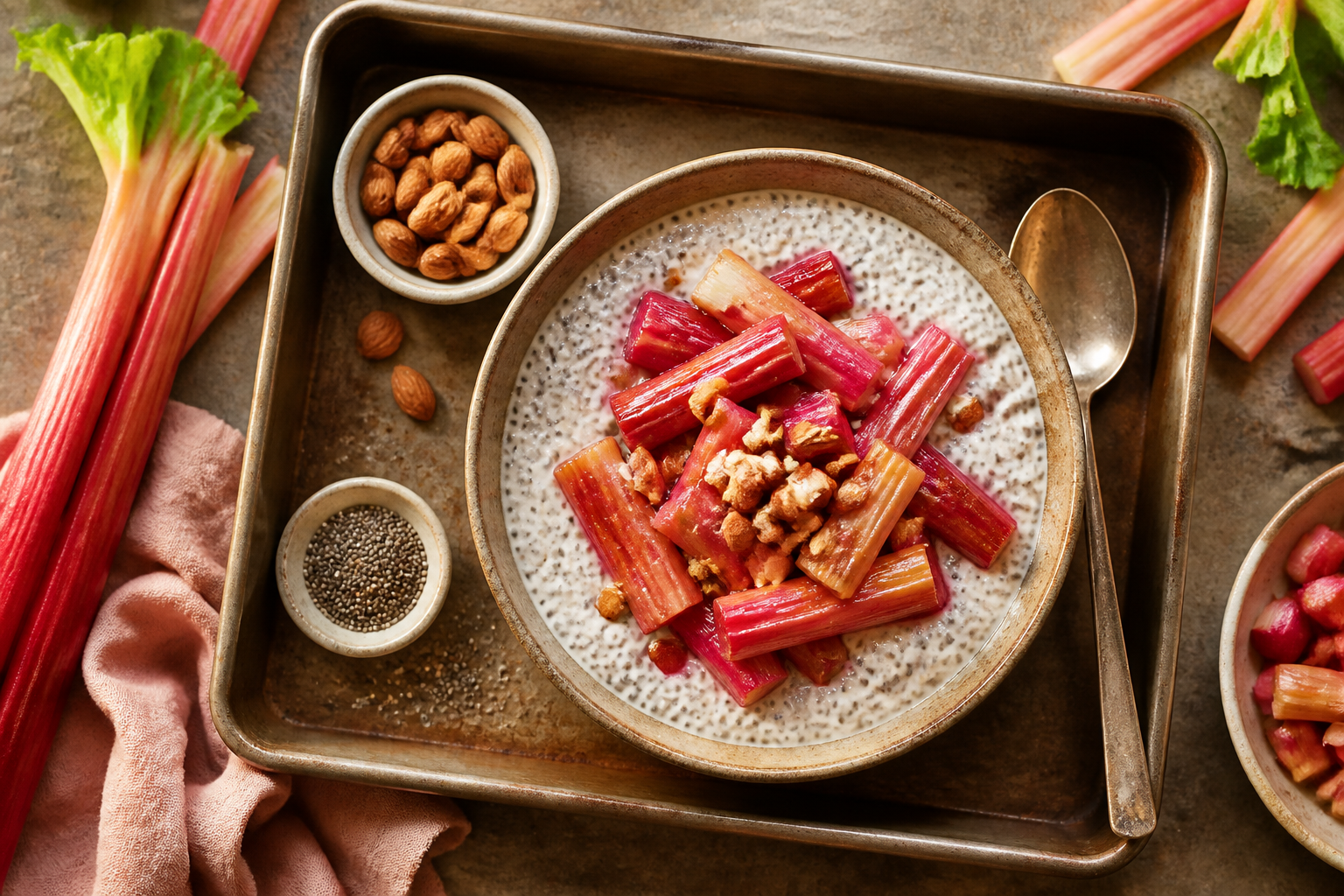 Overhead shot of Chia Seed Pudding with Roasted Rhubarb plated appetizingly in a baking tray