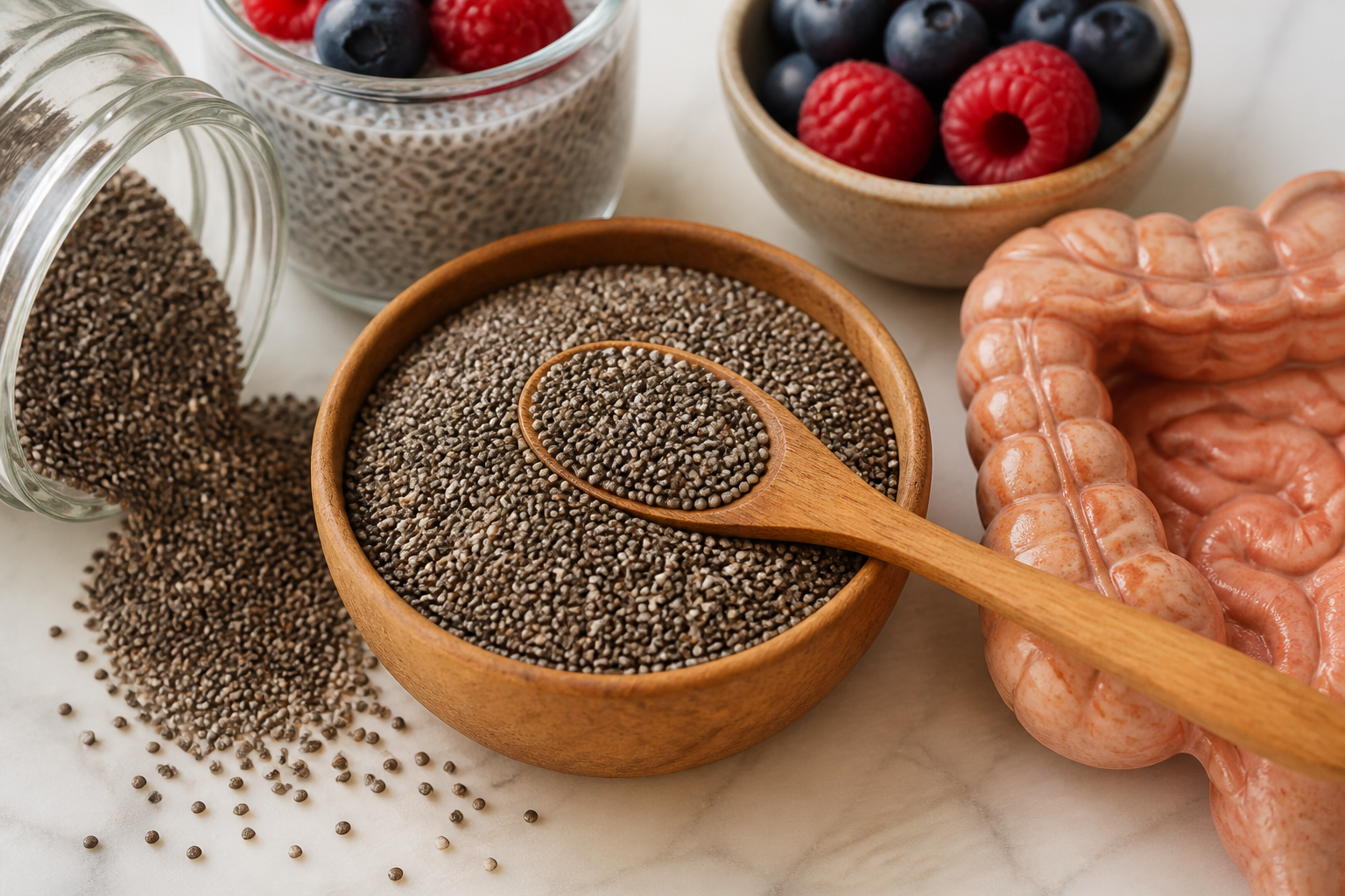Close-up editorial still life of Chia Seeds and Your Gut on a clean wooden or marble surface