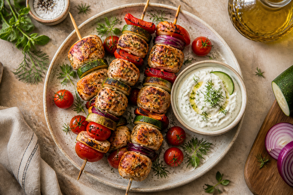 Chicken and Vegetable Skewers with Tzatziki