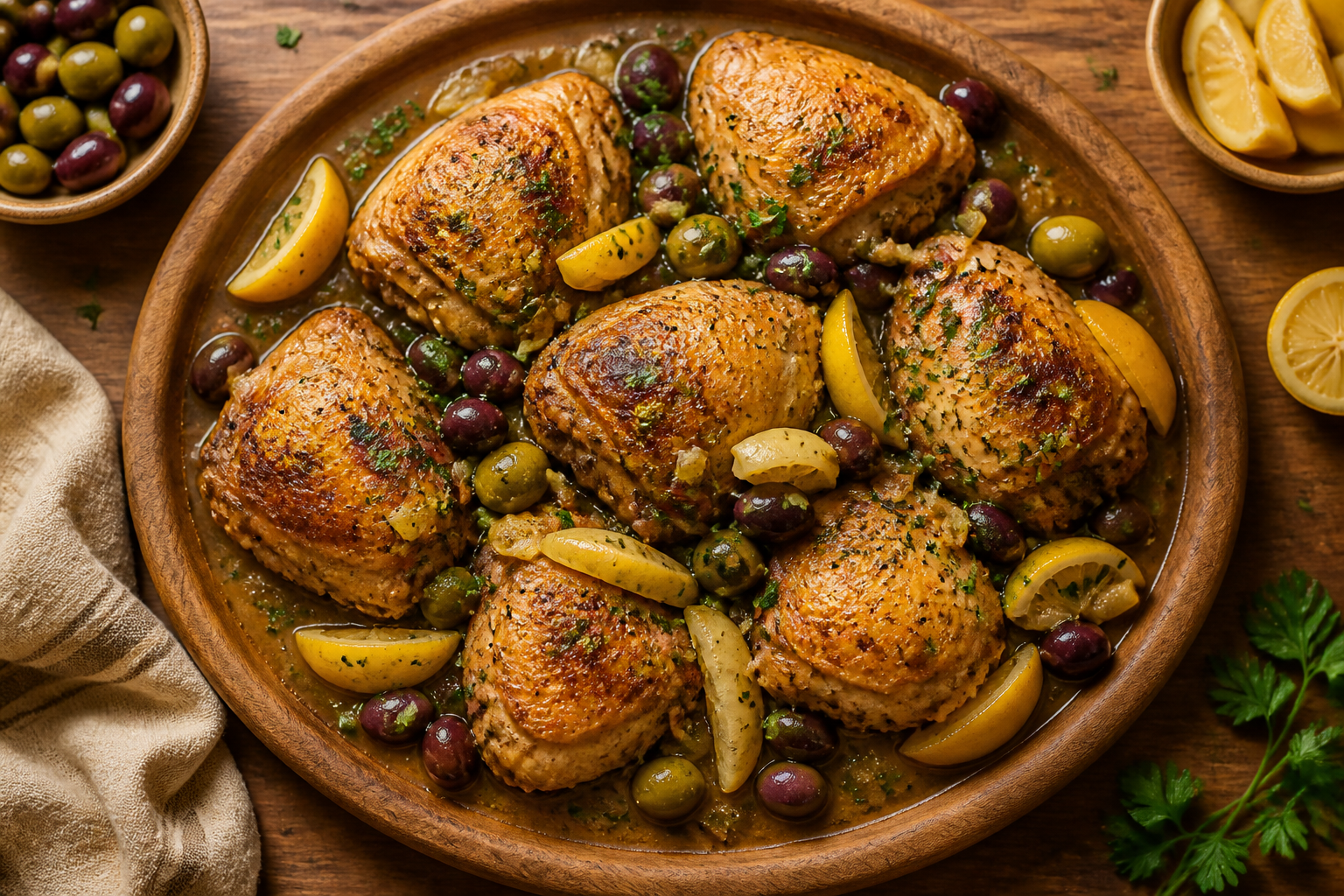Overhead shot of Chicken with Olives and Preserved Lemon plated appetizingly in a wooden board