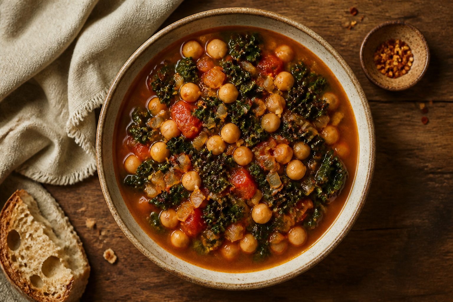 Overhead shot of Chickpea and Kale Stew plated appetizingly in a ceramic bowl