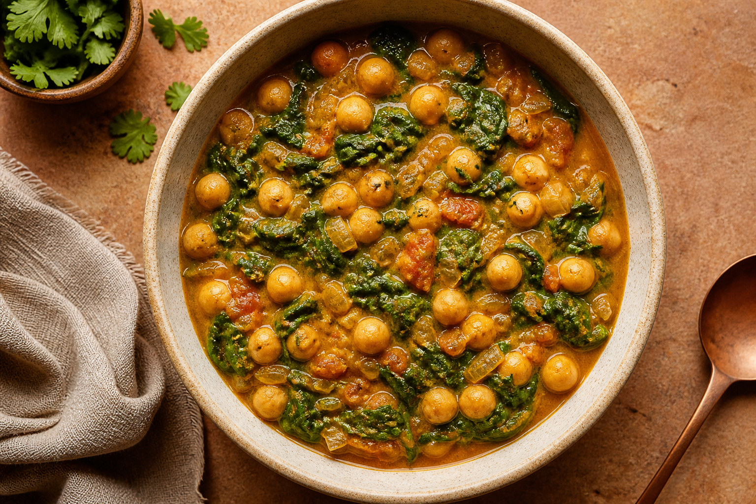 Overhead shot of Chickpea and Spinach Curry plated appetizingly in a ceramic bowl