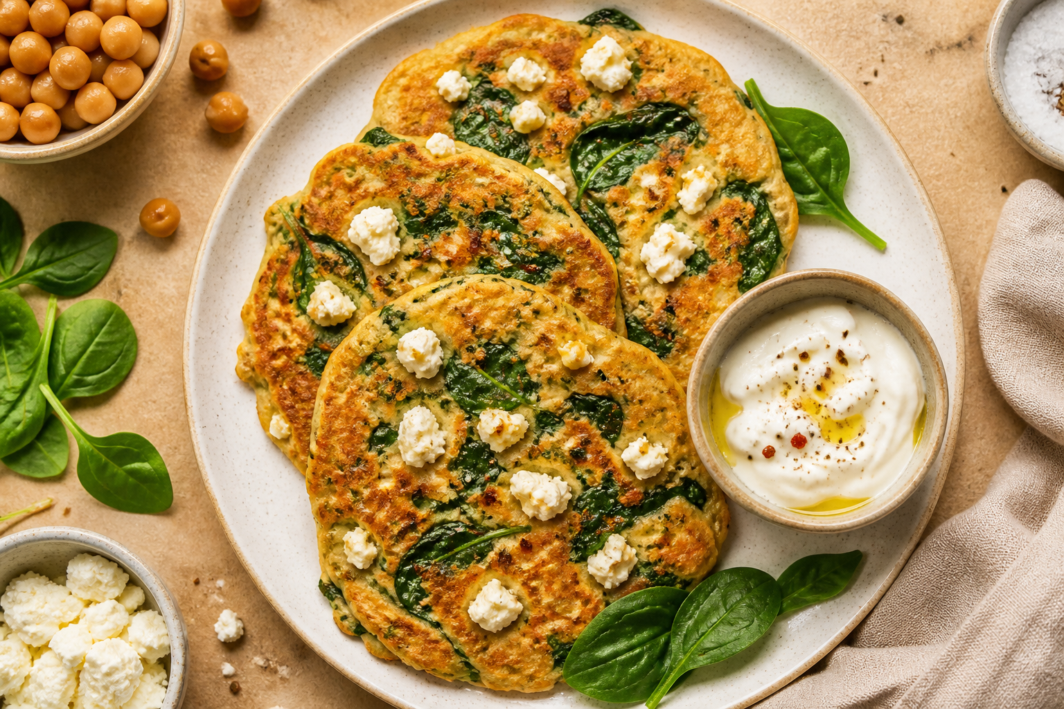 Overhead shot of Chickpea Flour Pancakes with Spinach and Feta plated appetizingly in a clean plate