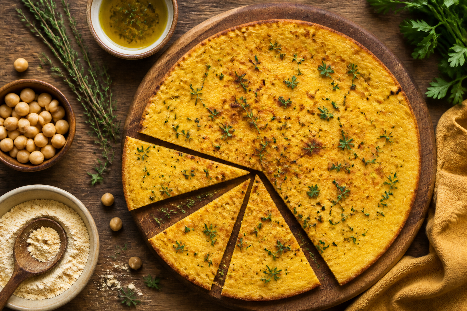 Overhead shot of Chickpea Flour Socca with Herbs plated appetizingly in a wooden board