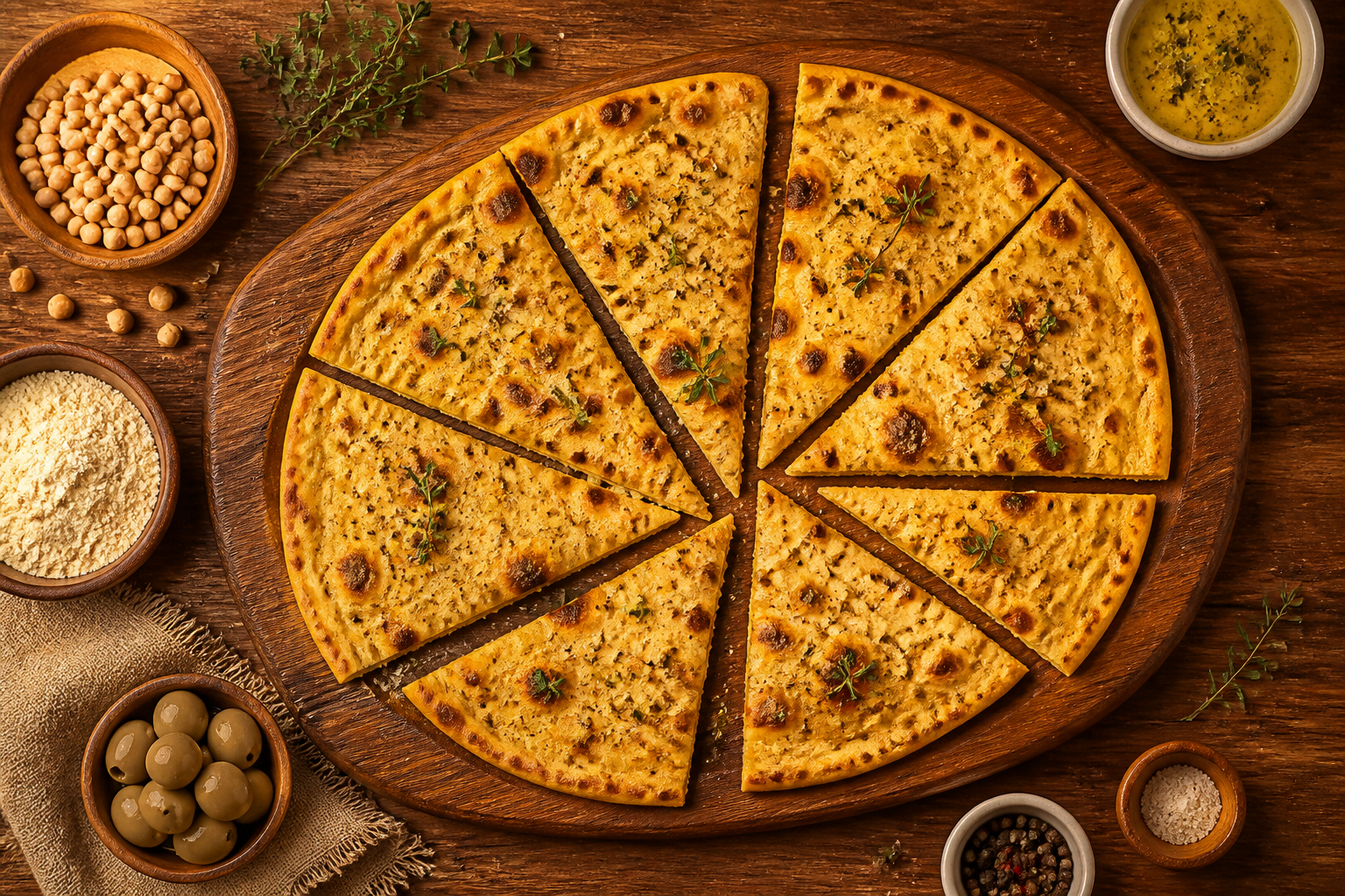 Overhead shot of Chickpea Flour Socca plated appetizingly in a wooden board