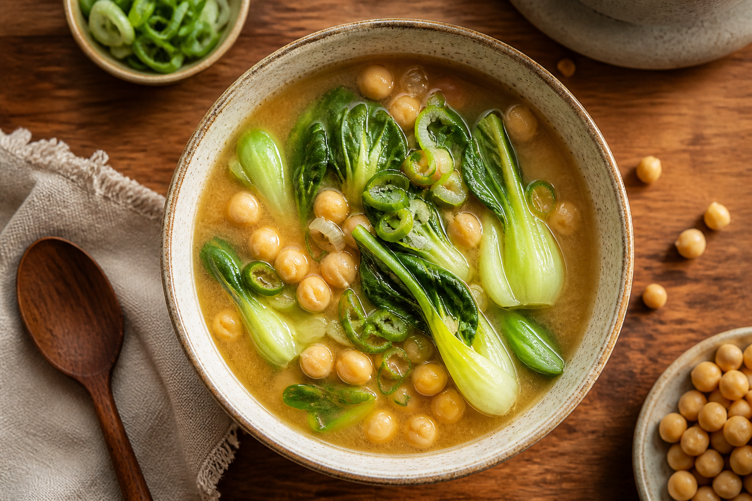 Overhead shot of Chickpea Miso Soup with Bok Choy plated appetizingly in a ceramic bowl