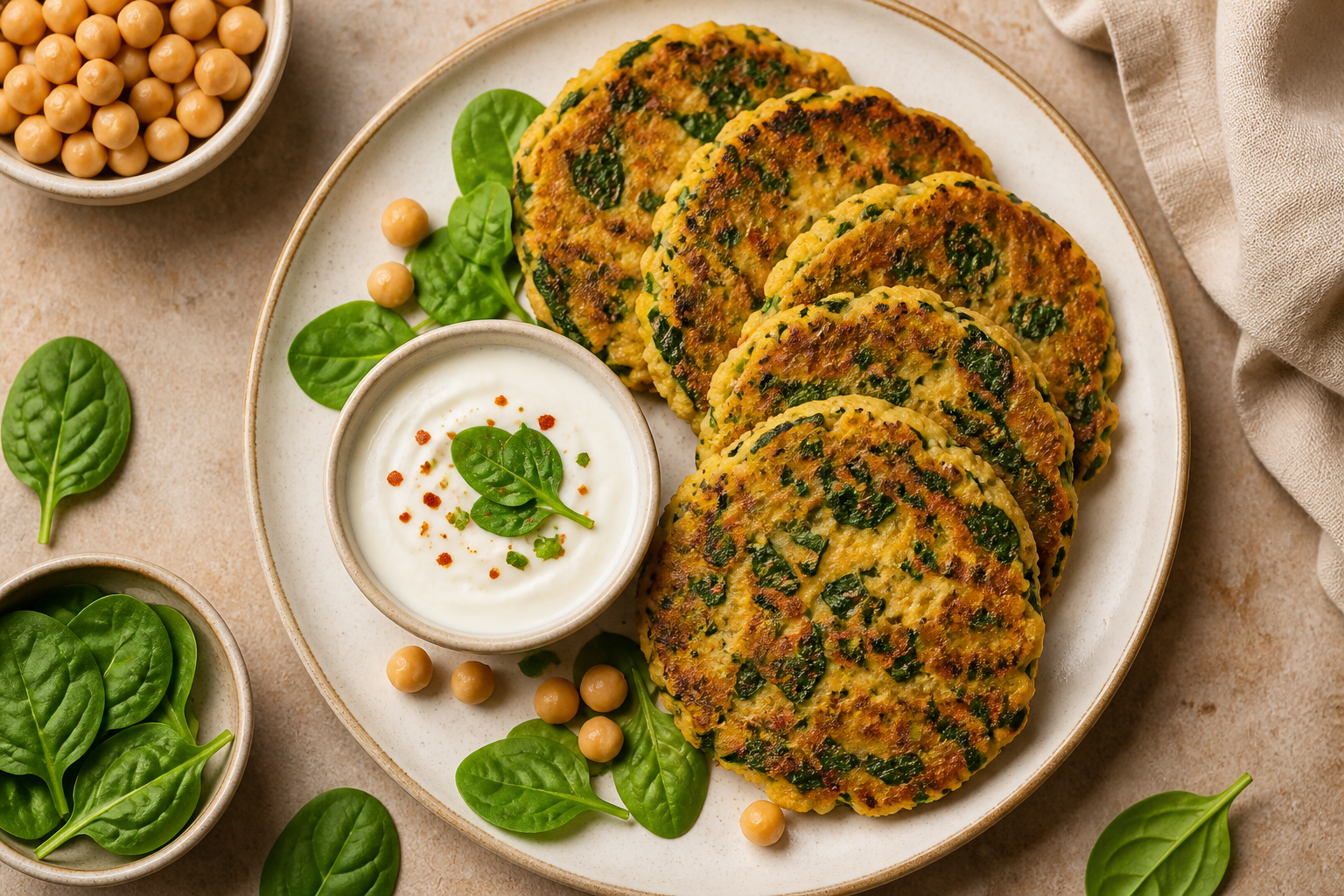 Overhead shot of Chickpea Pancakes with Spinach plated appetizingly in a clean plate