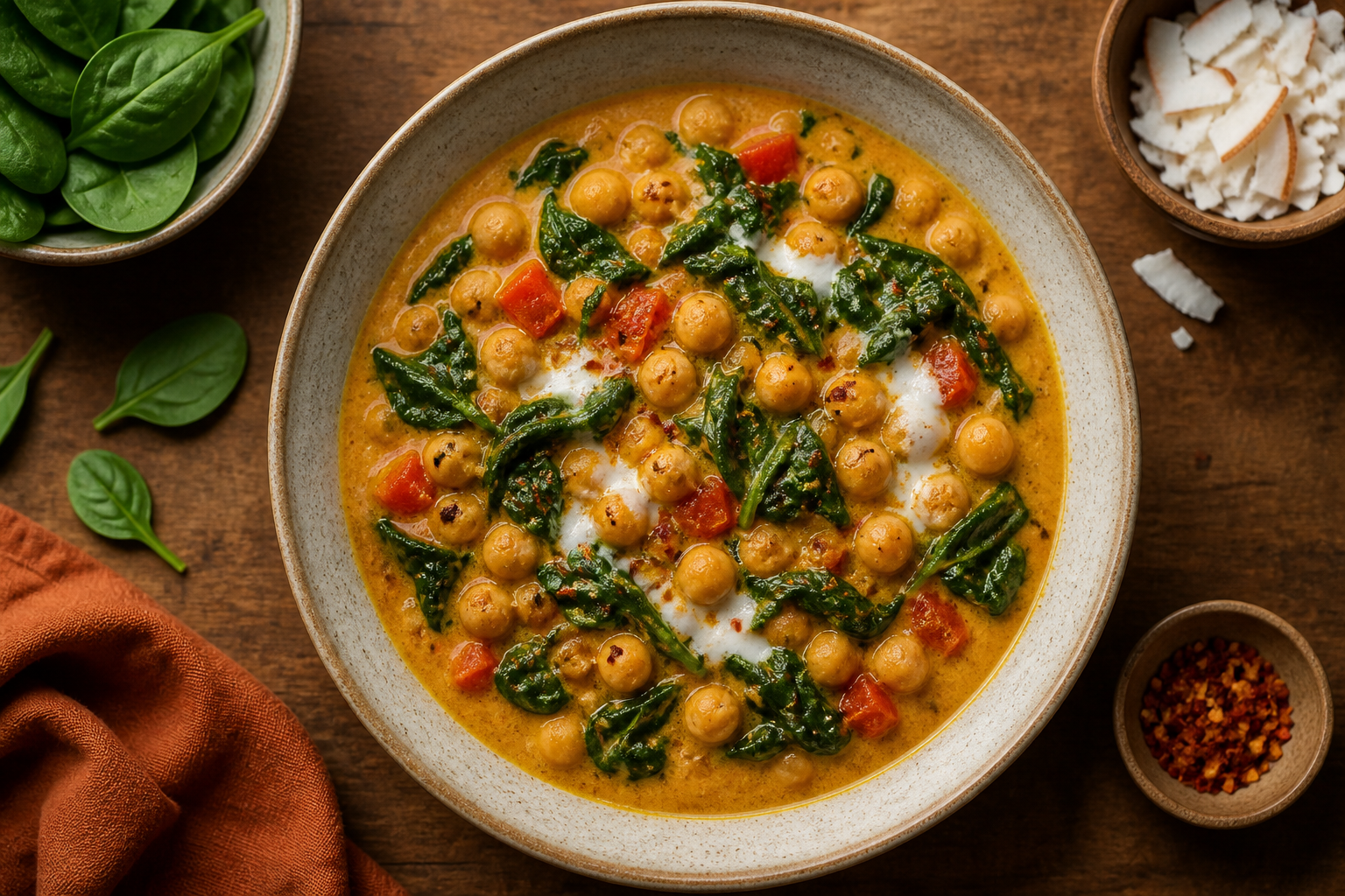 Overhead shot of Chickpea Spinach Coconut Curry plated appetizingly in a ceramic bowl