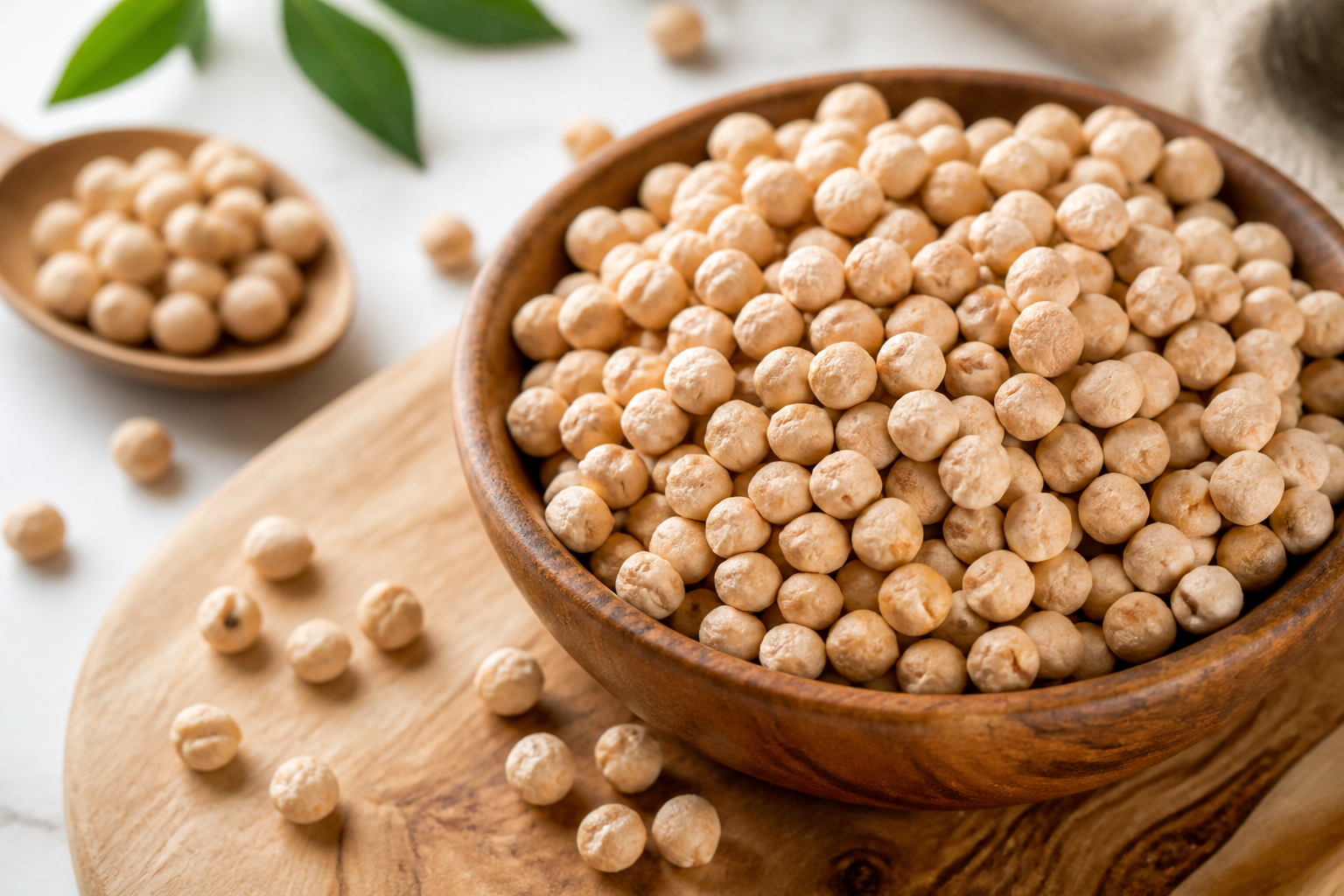Close-up editorial still life of Chickpeas on a clean wooden or marble surface