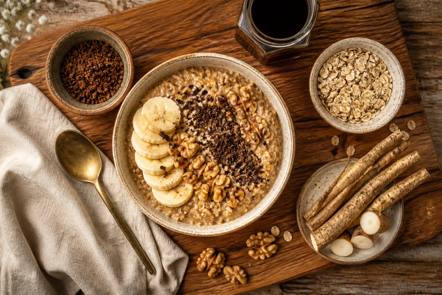 Overhead shot of Chicory Root Coffee Overnight Oats plated appetizingly in a wooden board