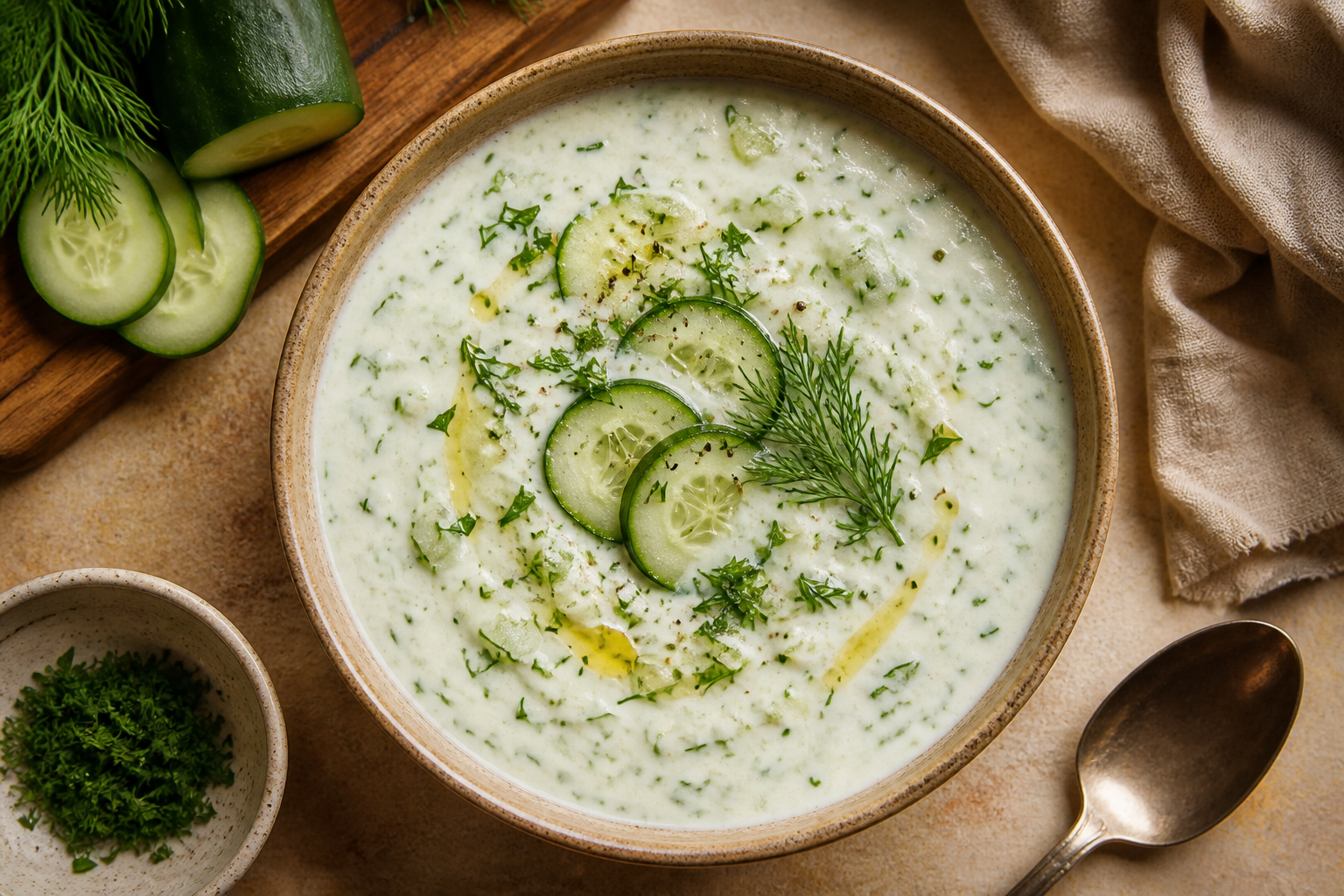 Overhead shot of Chilled Cucumber and Yogurt Soup plated appetizingly in a ceramic bowl
