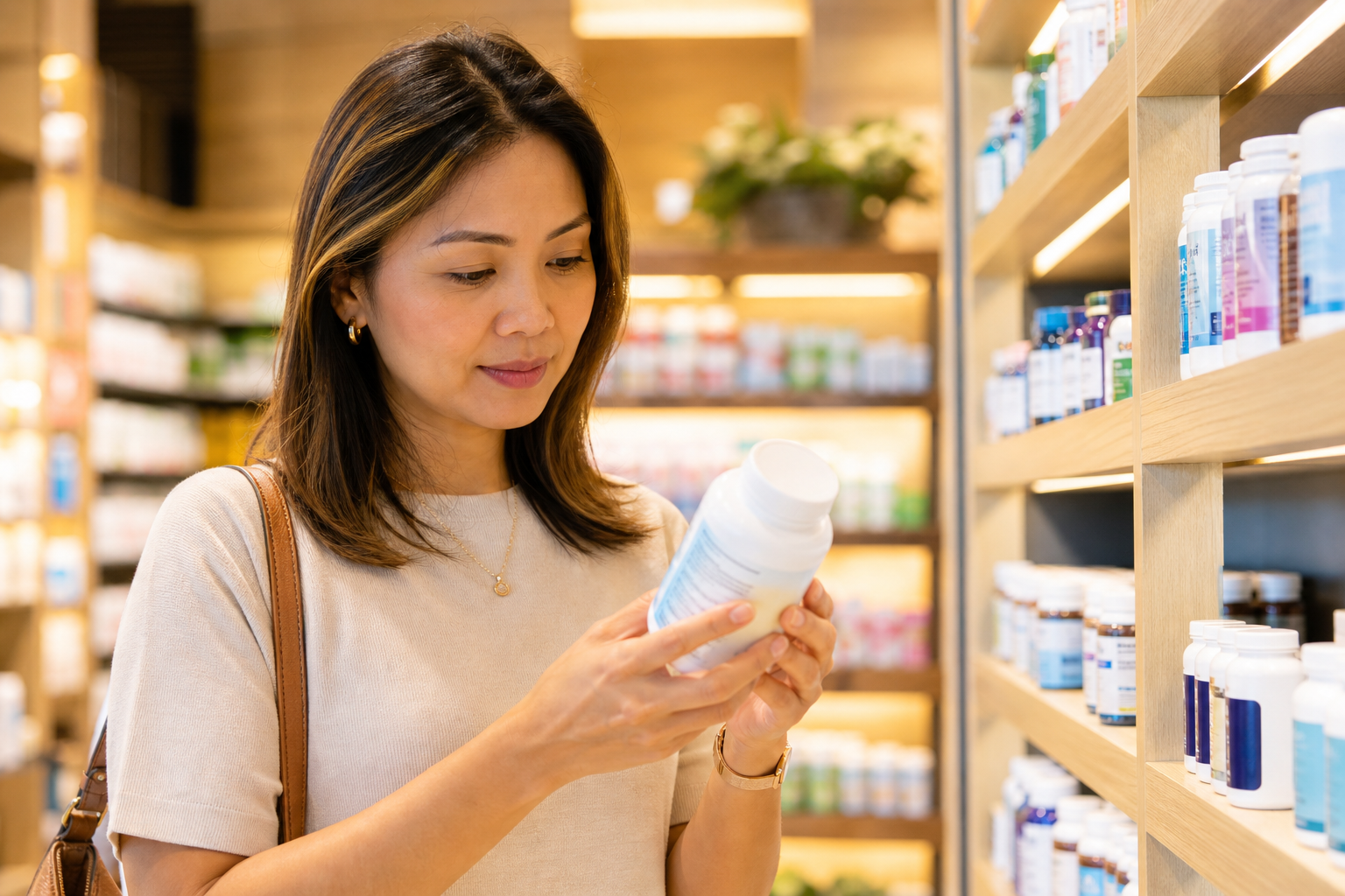 Filipino woman in her 30s standing in a pharmacy aisle