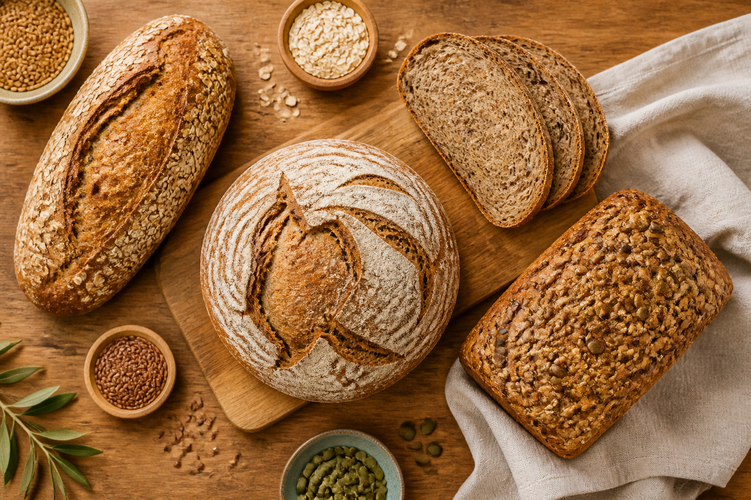 Overhead editorial still life related to Choosing a Gut-Friendly Bread on a warm wooden surface