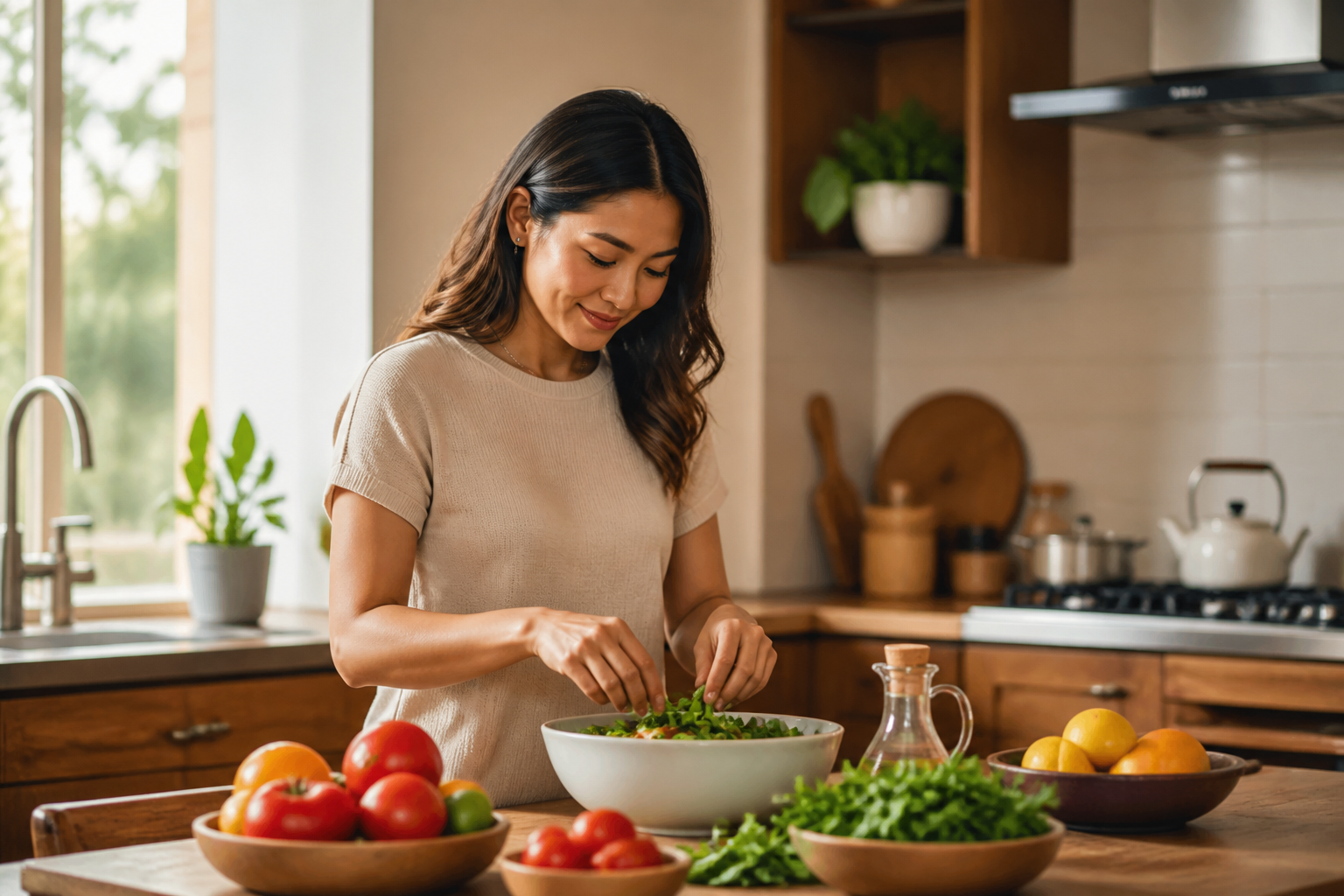 Filipino woman in her 30s in a warm home kitchen