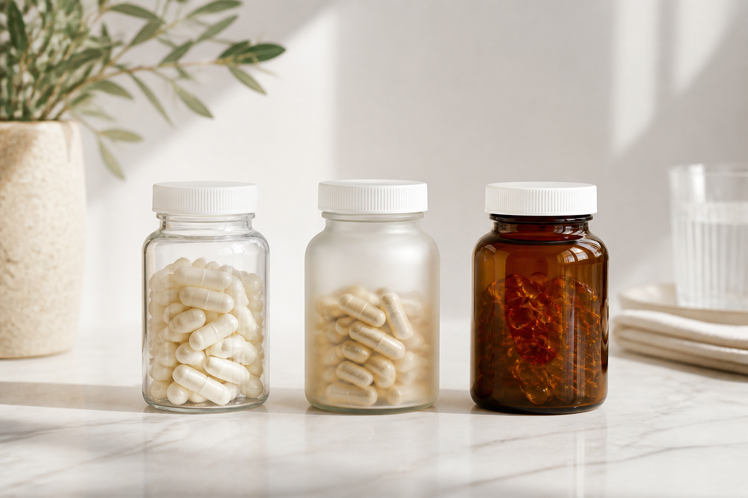 Three probiotic supplement bottles of different types lined up on a clean white marble surface