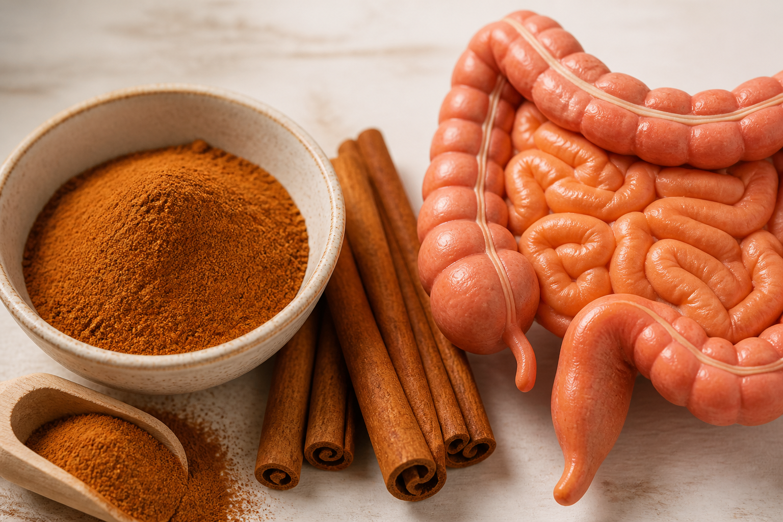 Close-up editorial still life of Cinnamon and Your Gut on a clean wooden or marble surface